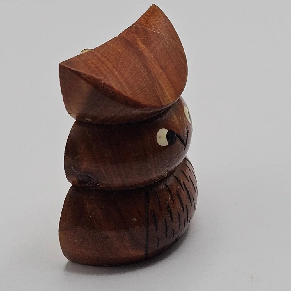 Hand Carved Wooden Owl Brooch Pin Figural Rustic Novelty Nature Forest Twee Cute